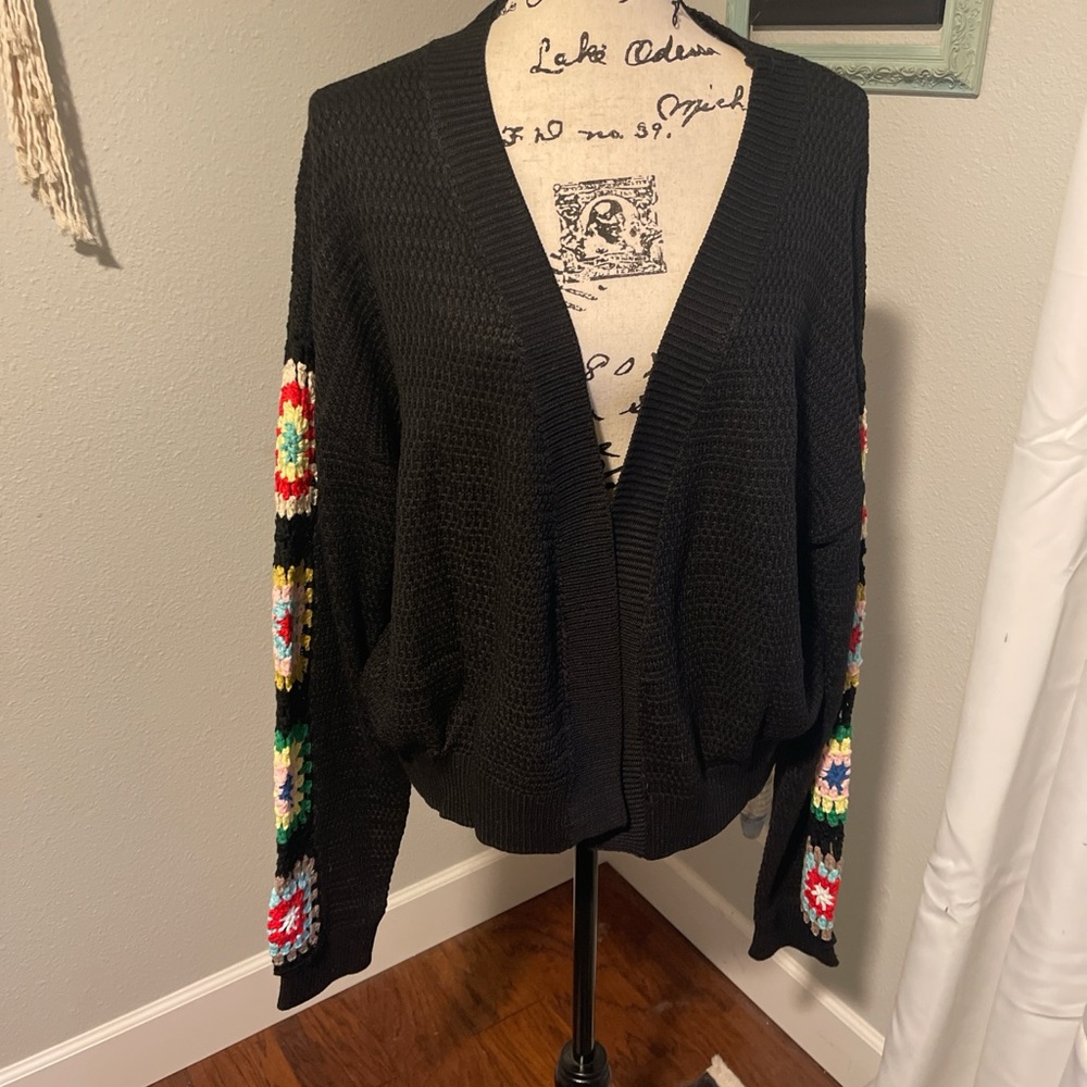 Black Crochet Sleeve Women's Sweater